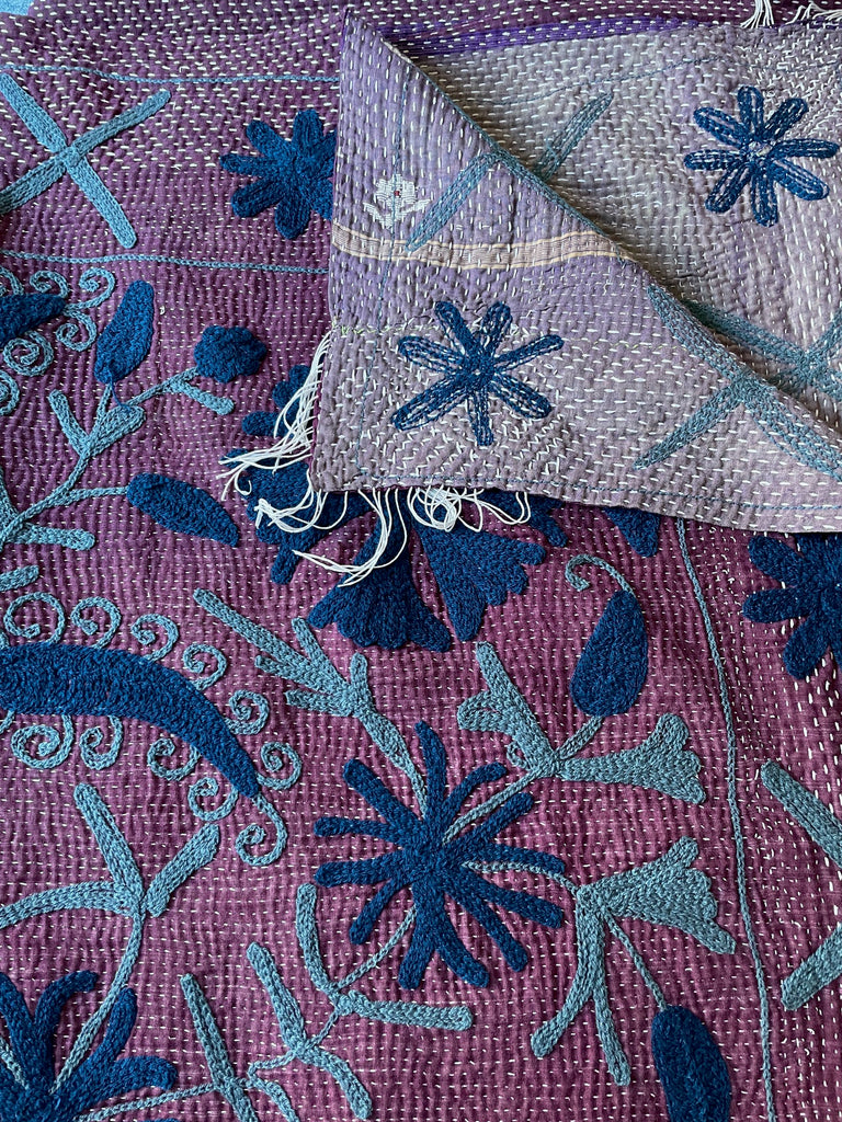 suzani style kantha quilt purple with blue embroidery cotton comforter single, sofa throw
