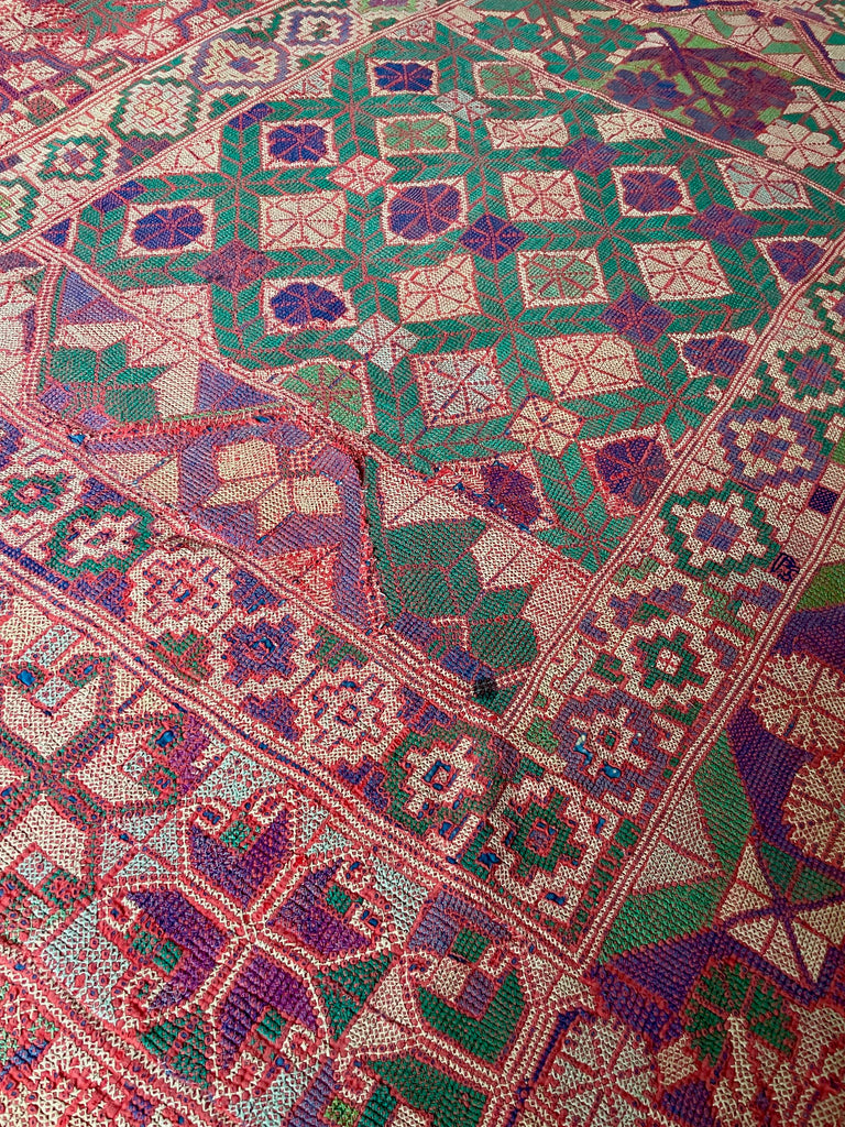 vintage galicha kantha carpet quilt sofa throw hand embroidered in red green purple cross stitch