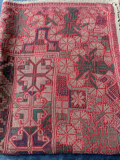 vintage galicha kantha carpet quilt sofa throw hand embroidered in red green purple cross stitch