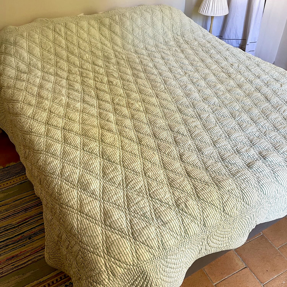 antique french quilt large pique king size green white stripe warm comforter bedspread duvet 