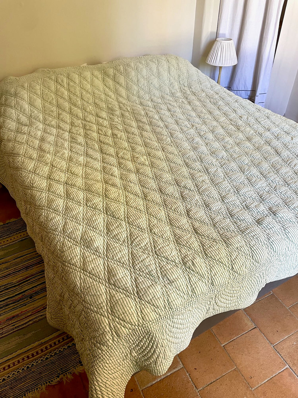 antique french quilt large pique king size green white stripe warm comforter bedspread duvet 