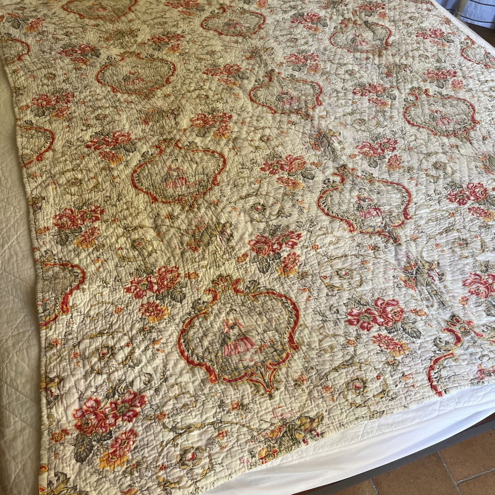 antique french quilt toile de jouy small pique cotton floral pretty white orange red bedcover double