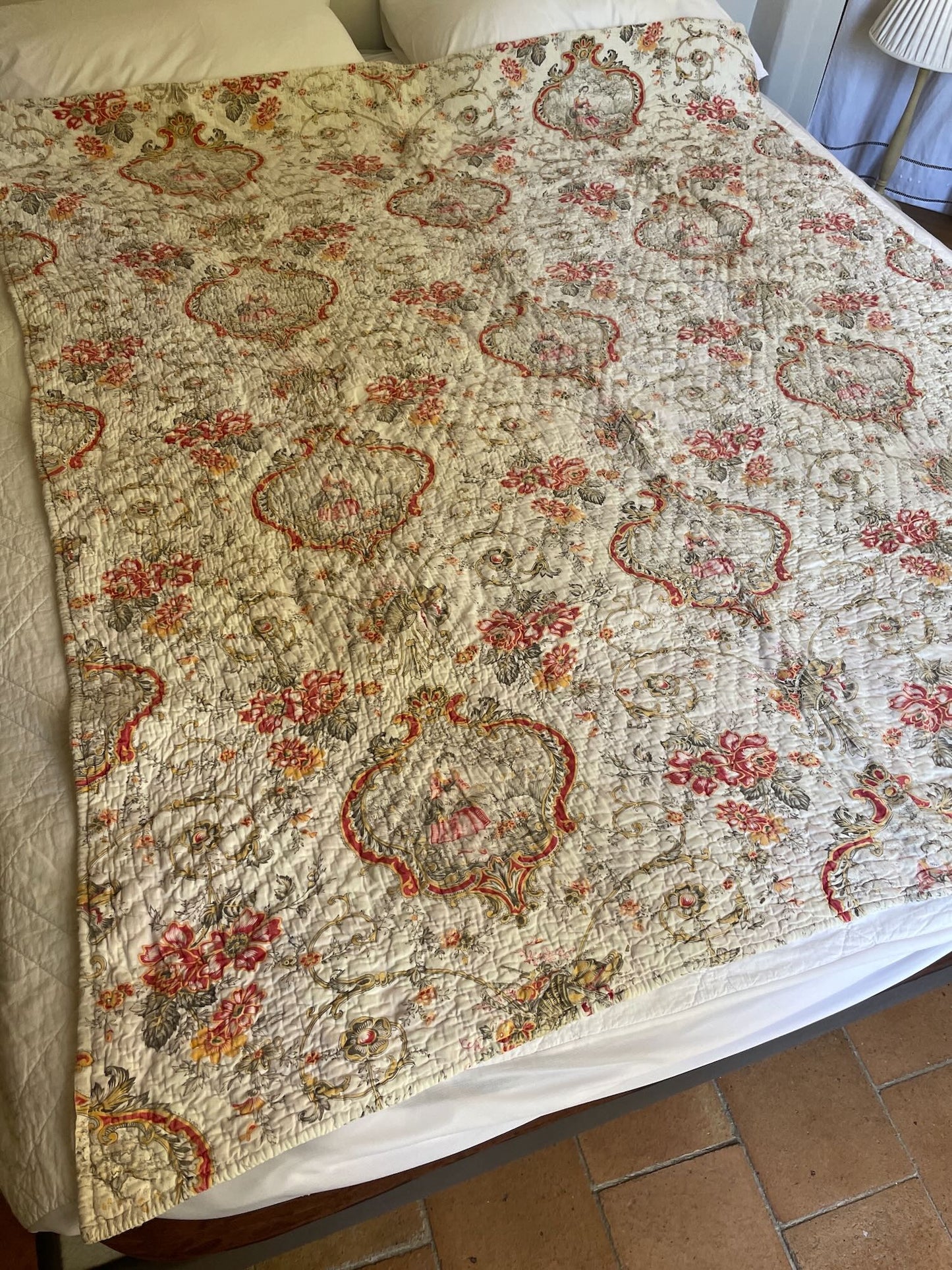 antique french quilt toile de jouy small pique cotton floral pretty white orange red bedcover double