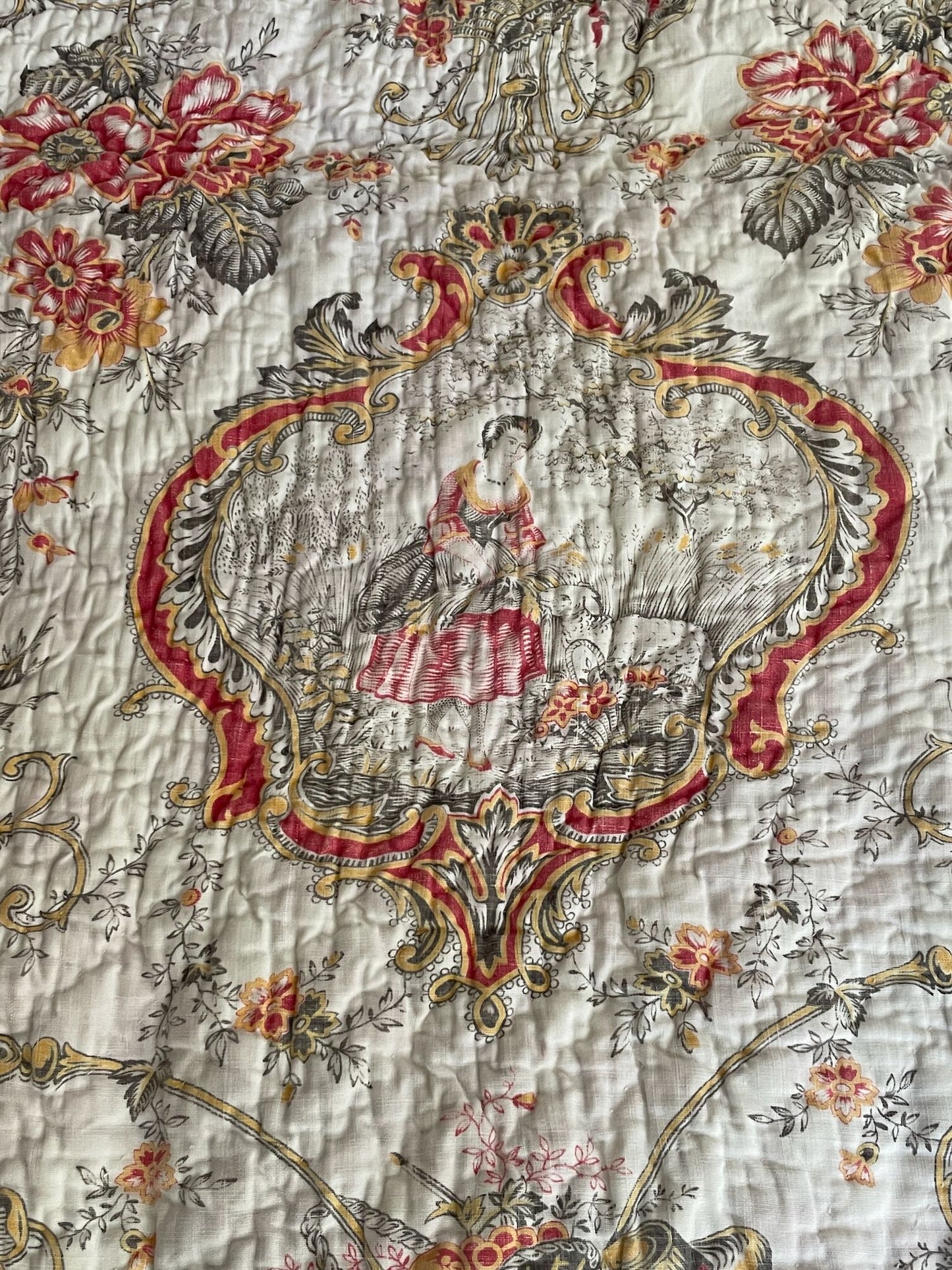 
                  
                    antique french quilt toile de jouy small pique cotton floral pretty white orange red bedcover double
                  
                