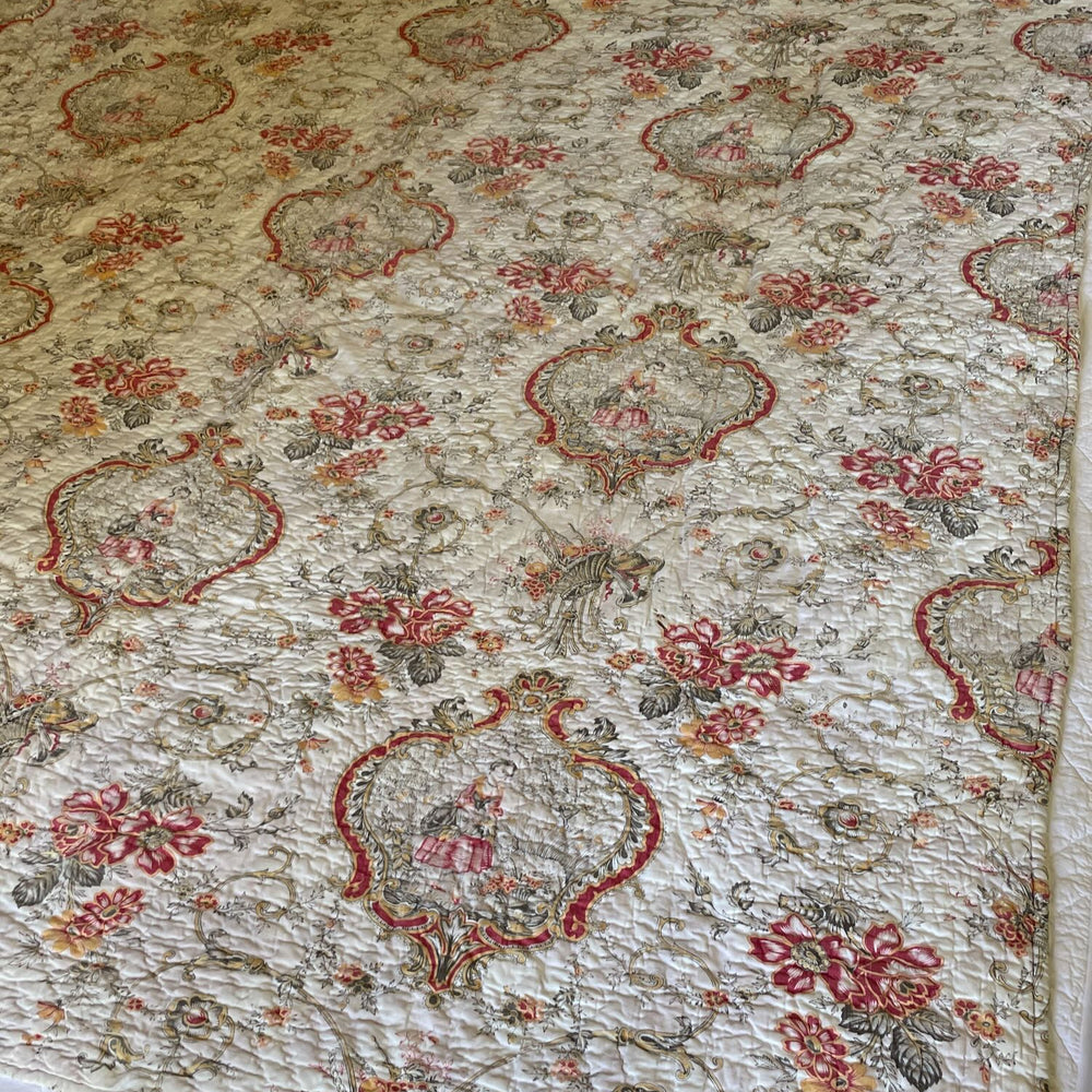 
                  
                    antique french quilt toile de jouy small pique cotton floral pretty white orange red bedcover double
                  
                