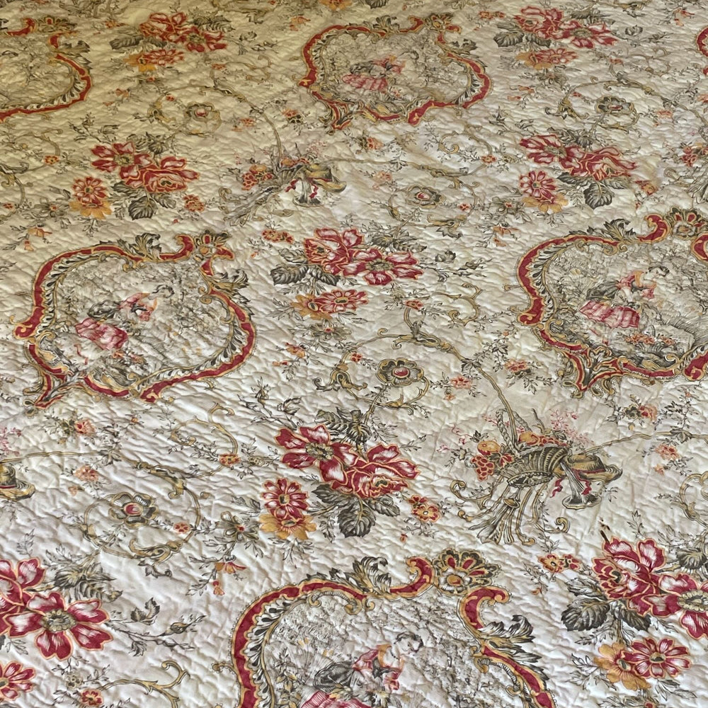 
                  
                    antique french quilt toile de jouy small pique cotton floral pretty white orange red bedcover double
                  
                