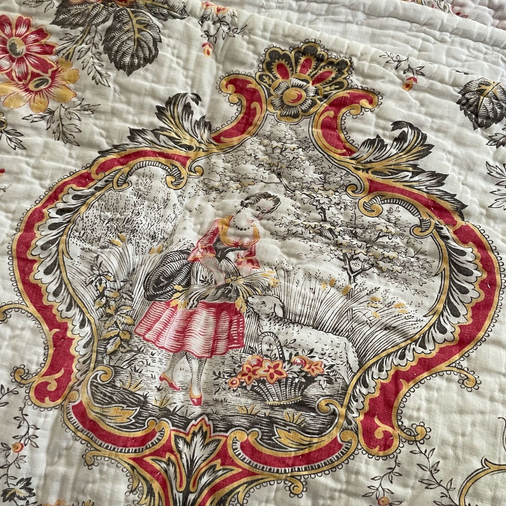 antique french quilt toile de jouy small pique cotton floral pretty white orange red bedcover double