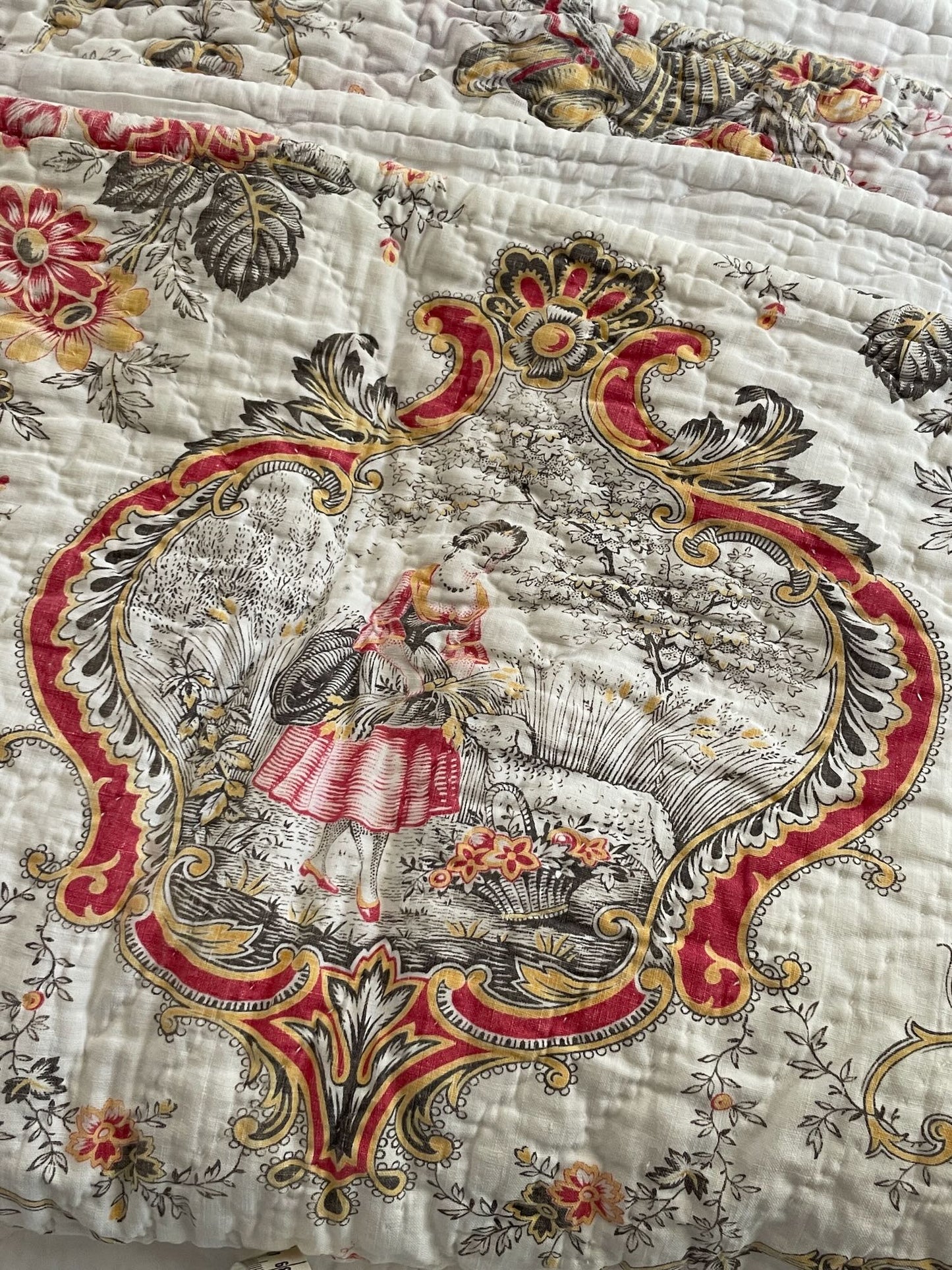 antique french quilt toile de jouy small pique cotton floral pretty white orange red bedcover double