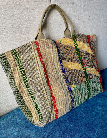 large kantha beach bag shopping tote overnight bag in colourful pattern handmade cotton shopper