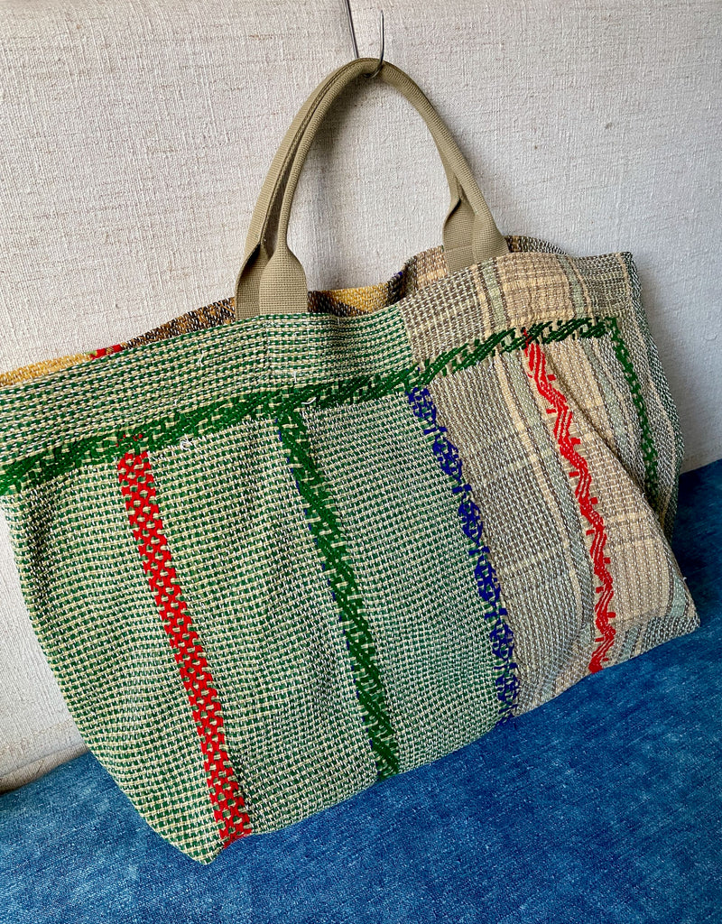 large kantha beach bag shopping tote overnight bag in colourful pattern handmade cotton shopper