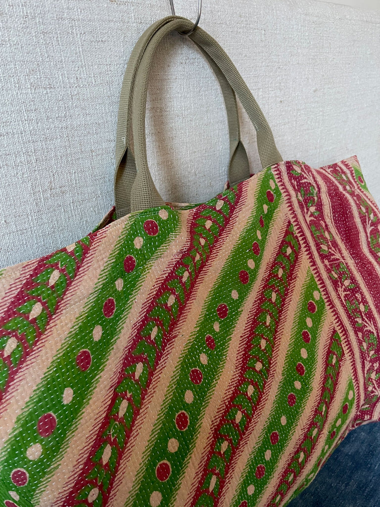 green pink purple large cotton tote bag beach  bag market shopper handmade from kantha quilt