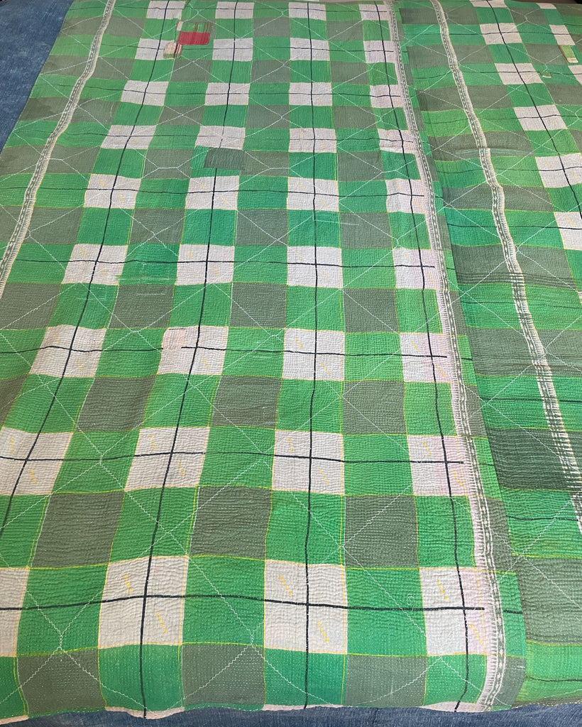 green white check kanta quilt sofa throw bedspread cotton comforter handmade in India