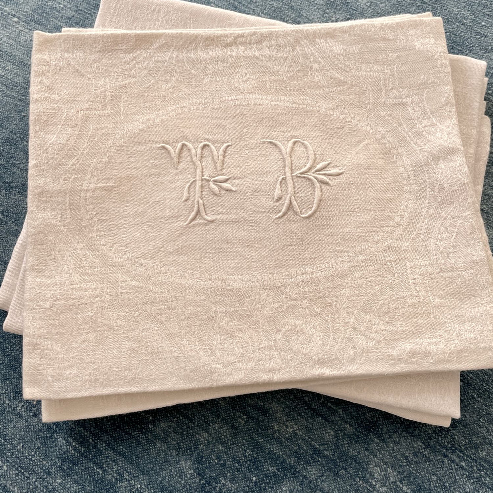 antique french linen table napkins set of 5 embroidered TB damask large serviettes 