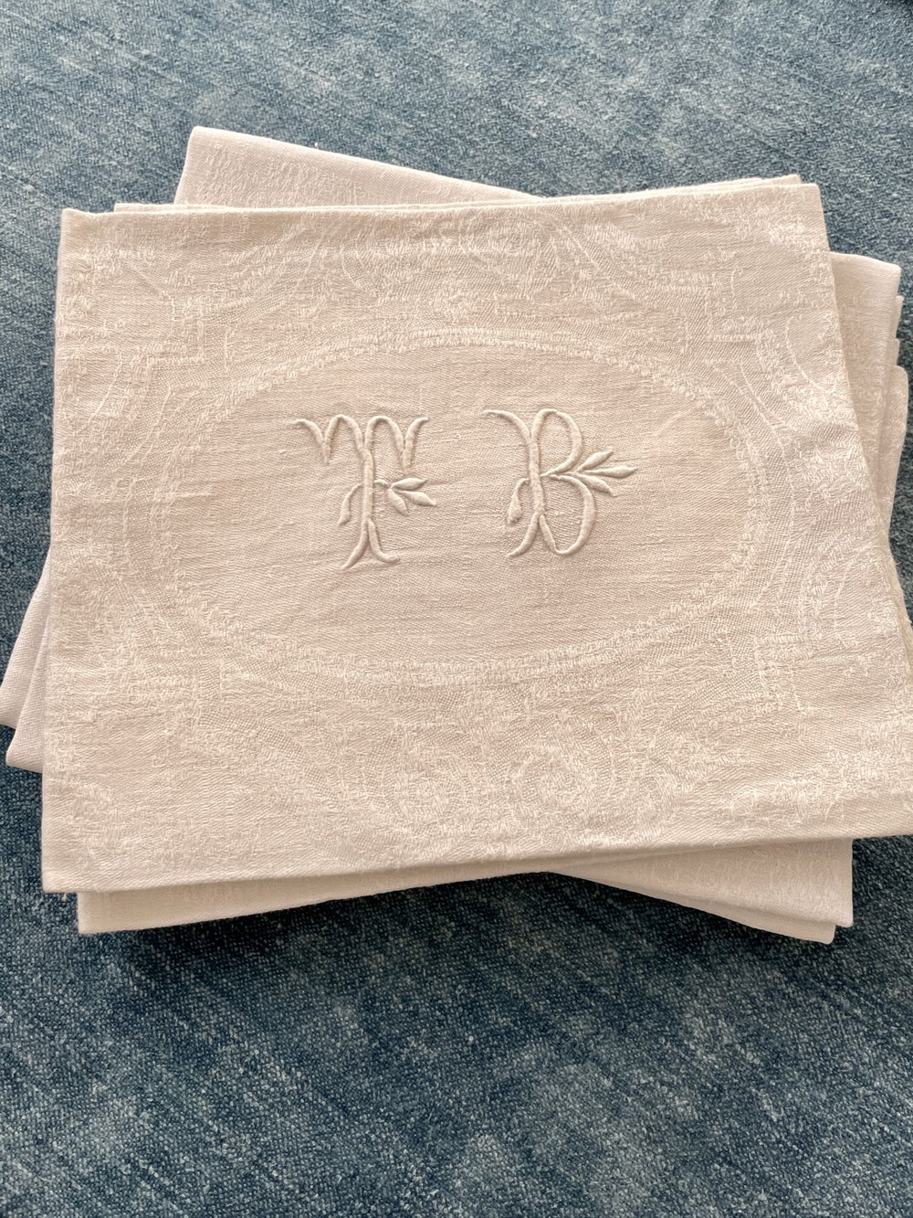 antique french linen table napkins set of 5 embroidered TB damask large serviettes 