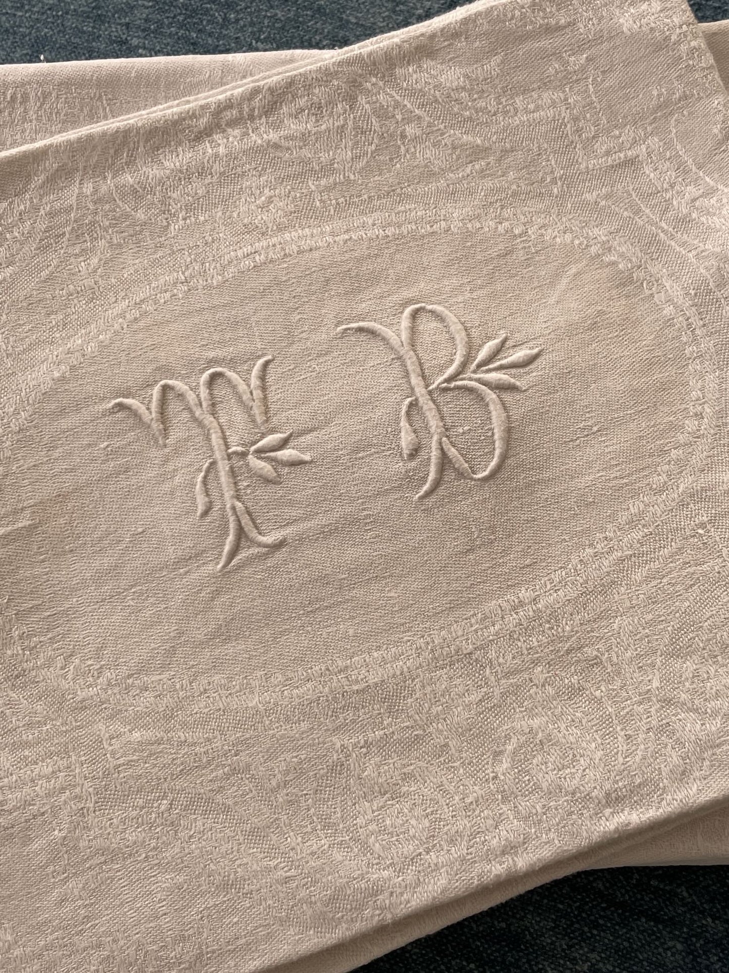 
                  
                    antique french linen table napkins set of 5 embroidered TB damask large serviettes 
                  
                