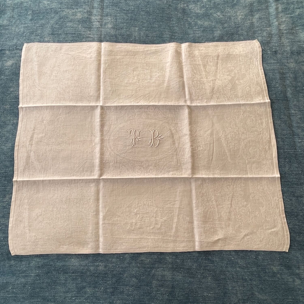 antique french linen table napkins set of 5 embroidered TB damask large serviettes 