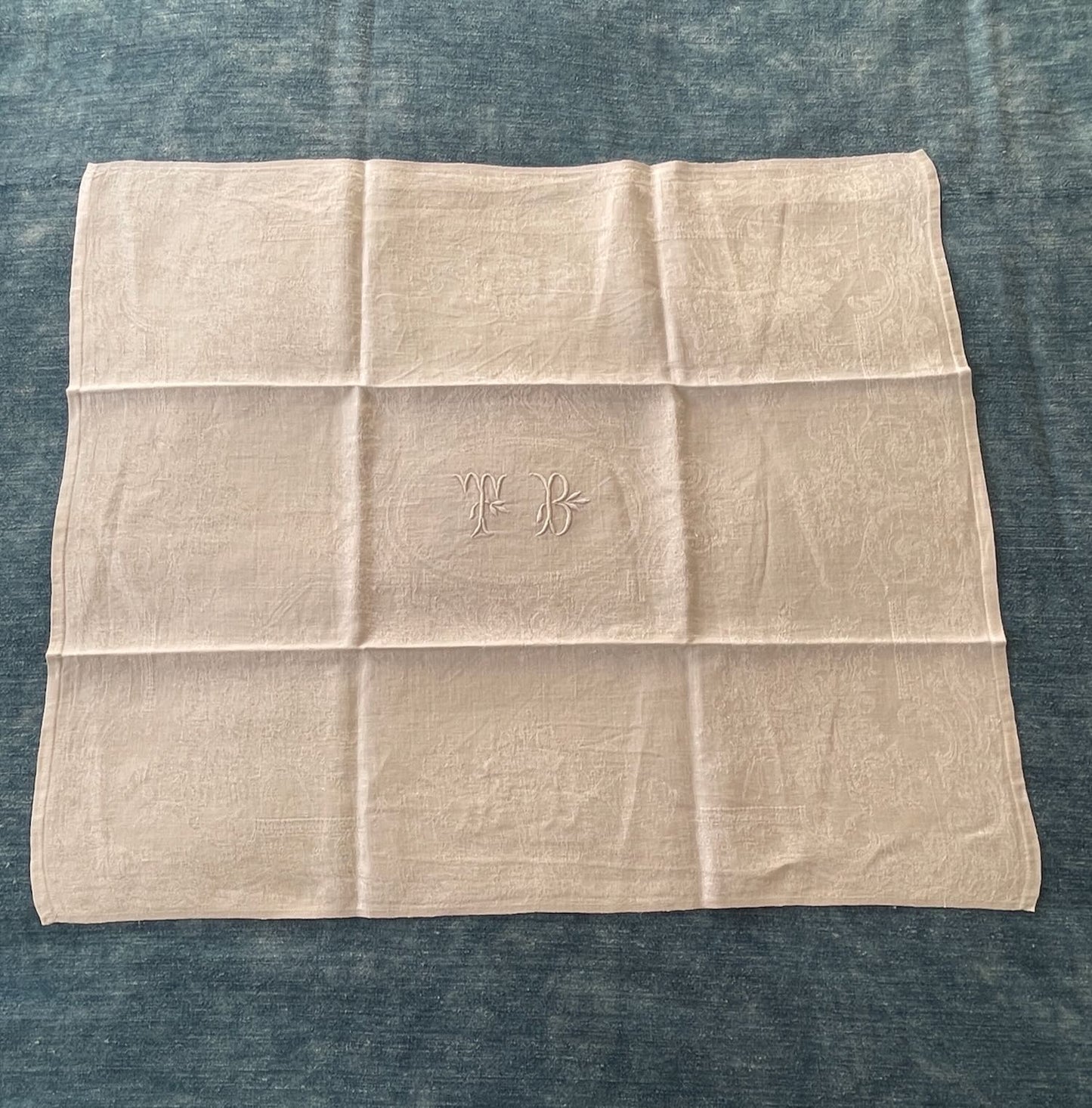 antique french linen table napkins set of 5 embroidered TB damask large serviettes 