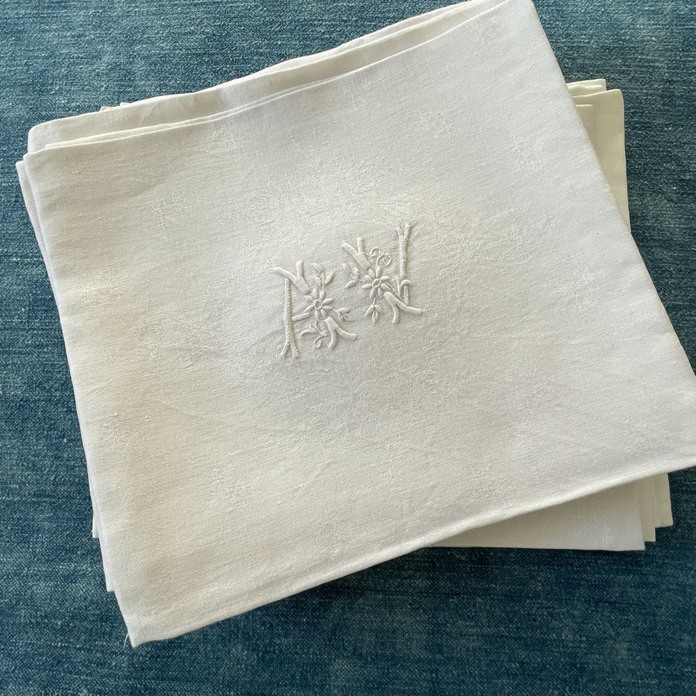 antique french linen table napkins serviettes set of 10 embroidered monogrammed AV large