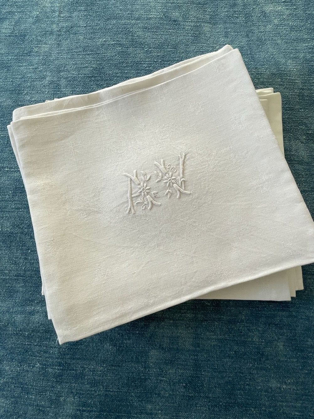 antique french linen table napkins serviettes set of 10 embroidered monogrammed AV large