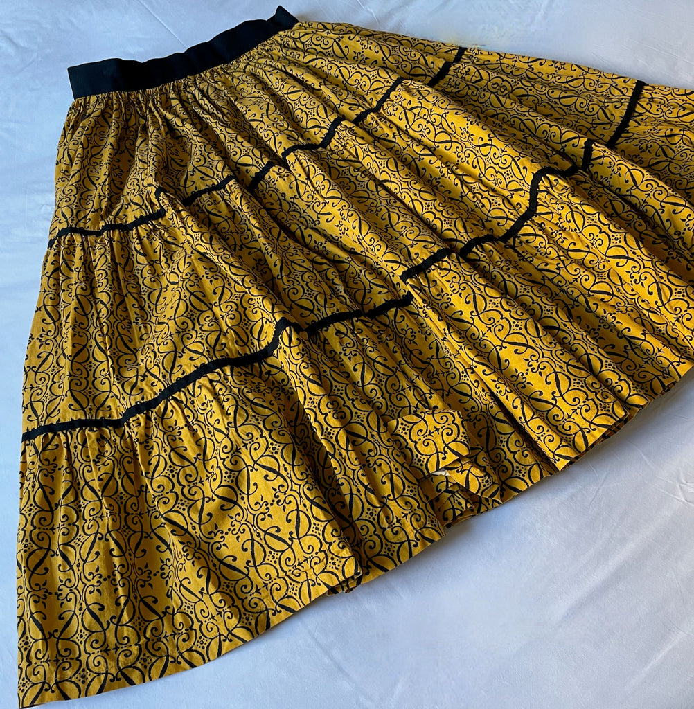 golden yellow provencal souleiado skirt full frilled skirt from 1970s tiered summer skirt cosplay