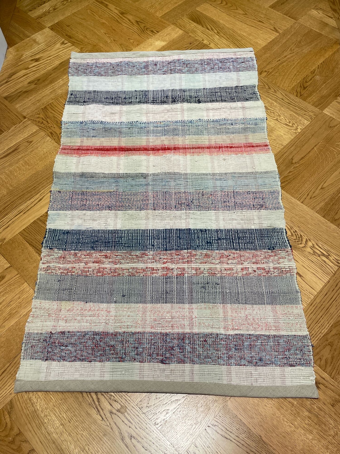blue grey striped small kitchen rug washable cotton floor runner vintage hungarian hall carpet