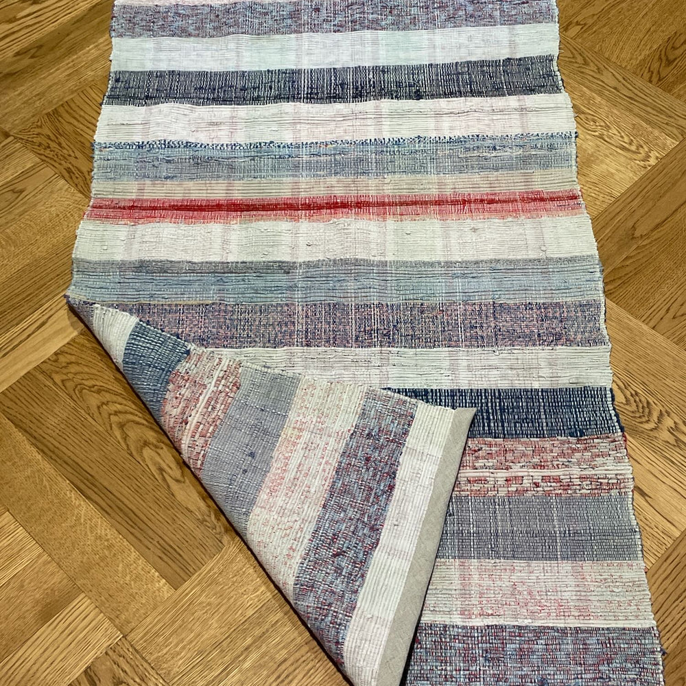 blue grey striped small kitchen rug washable cotton floor runner vintage hungarian hall carpet