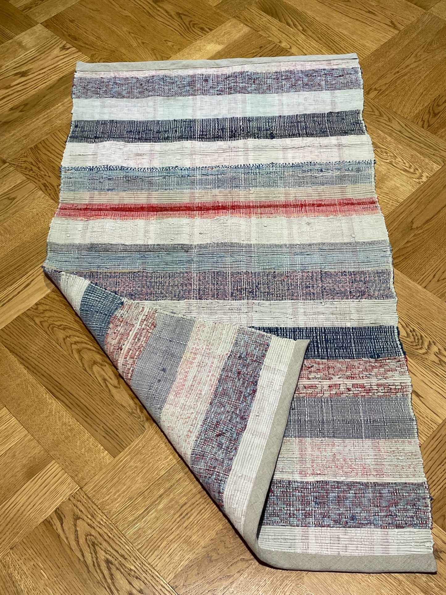 blue grey striped small kitchen rug washable cotton floor runner vintage hungarian hall carpet