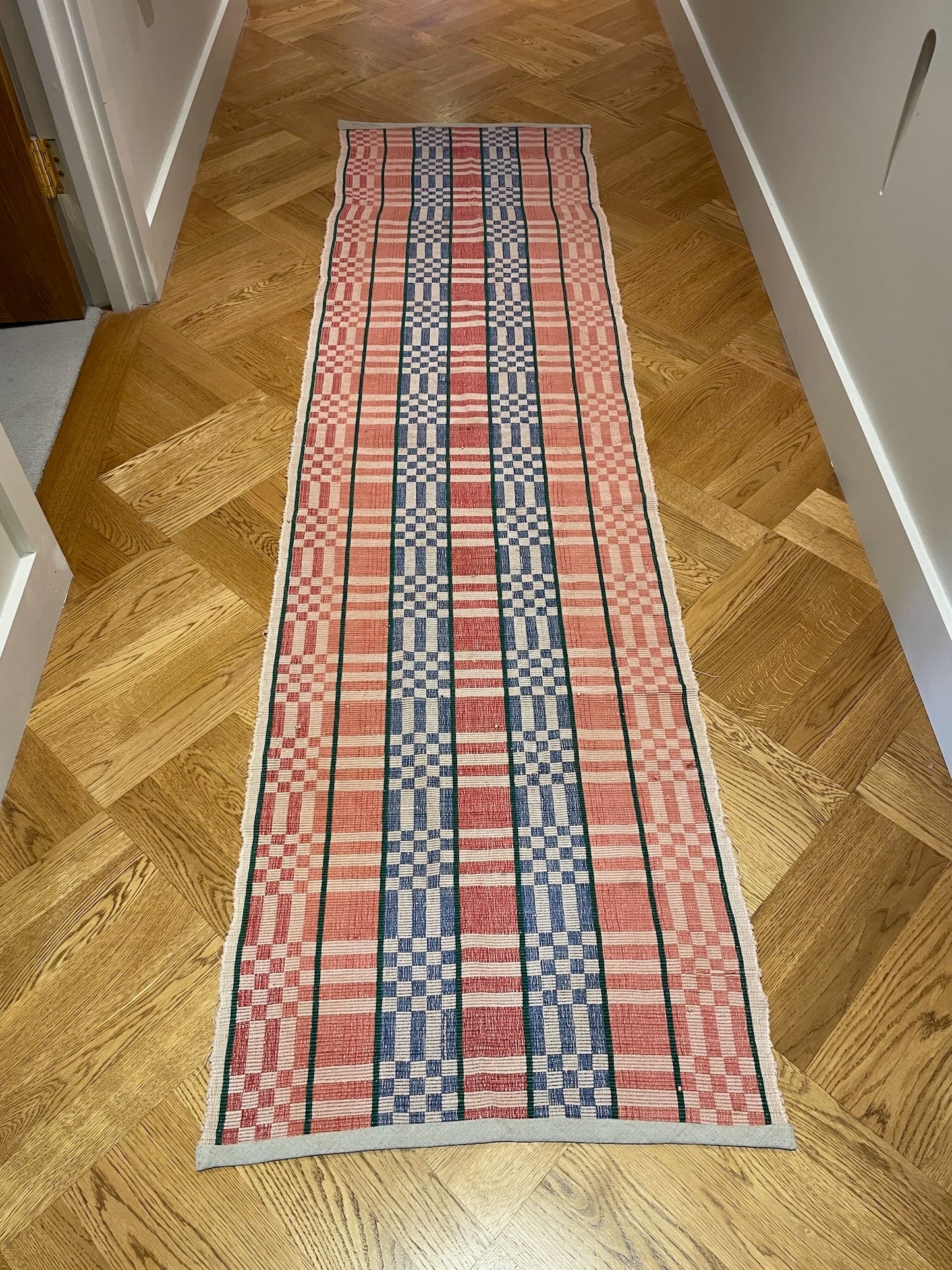 red blue rips rug floor runner trasmatta hungarian geometric washable long hall carpet vintage