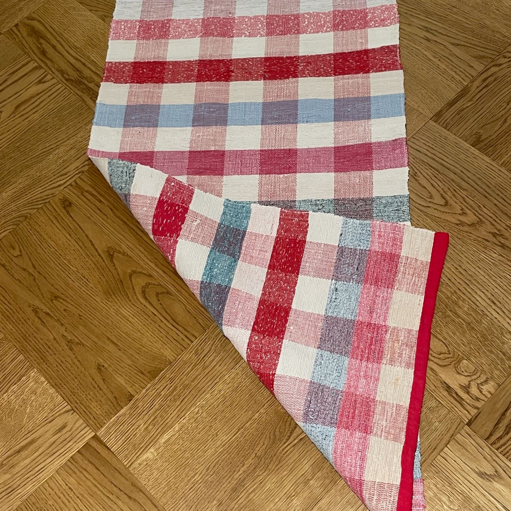 red blue pink checked long floor runner rag rug rips mat hall carpet vintage machine washable