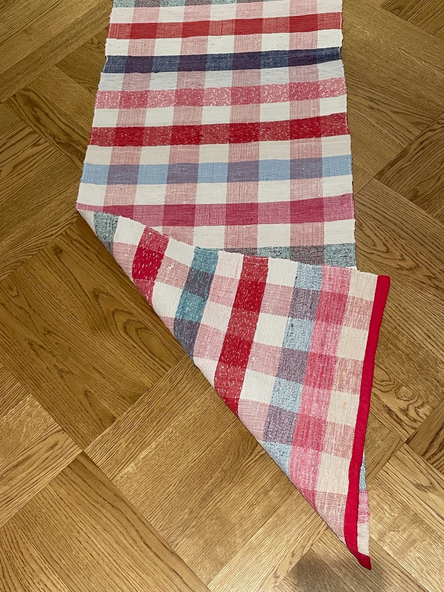 red blue pink checked long floor runner rag rug rips mat hall carpet vintage machine washable
