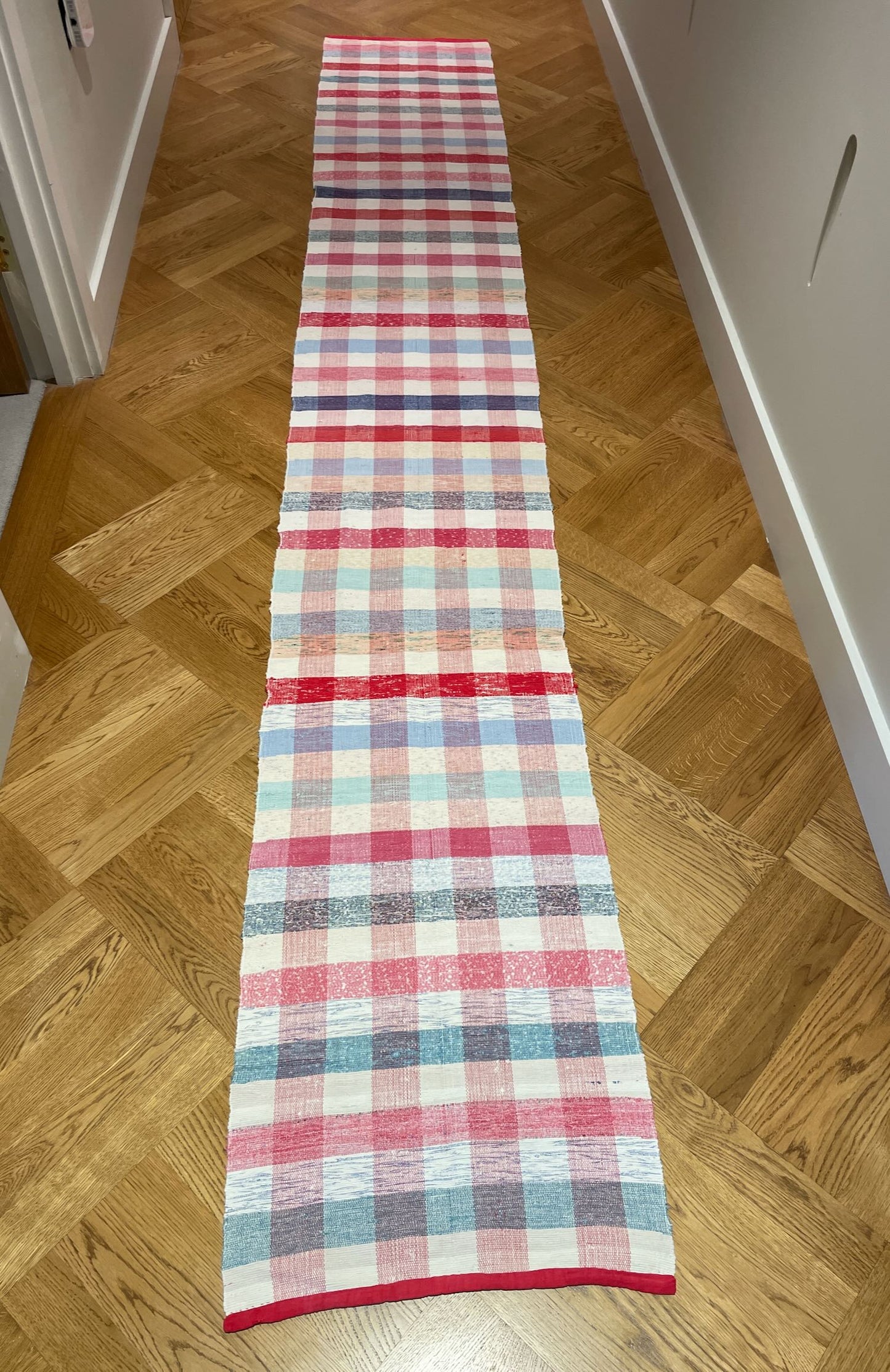 red blue pink checked long floor runner rag rug rips mat hall carpet vintage machine washable