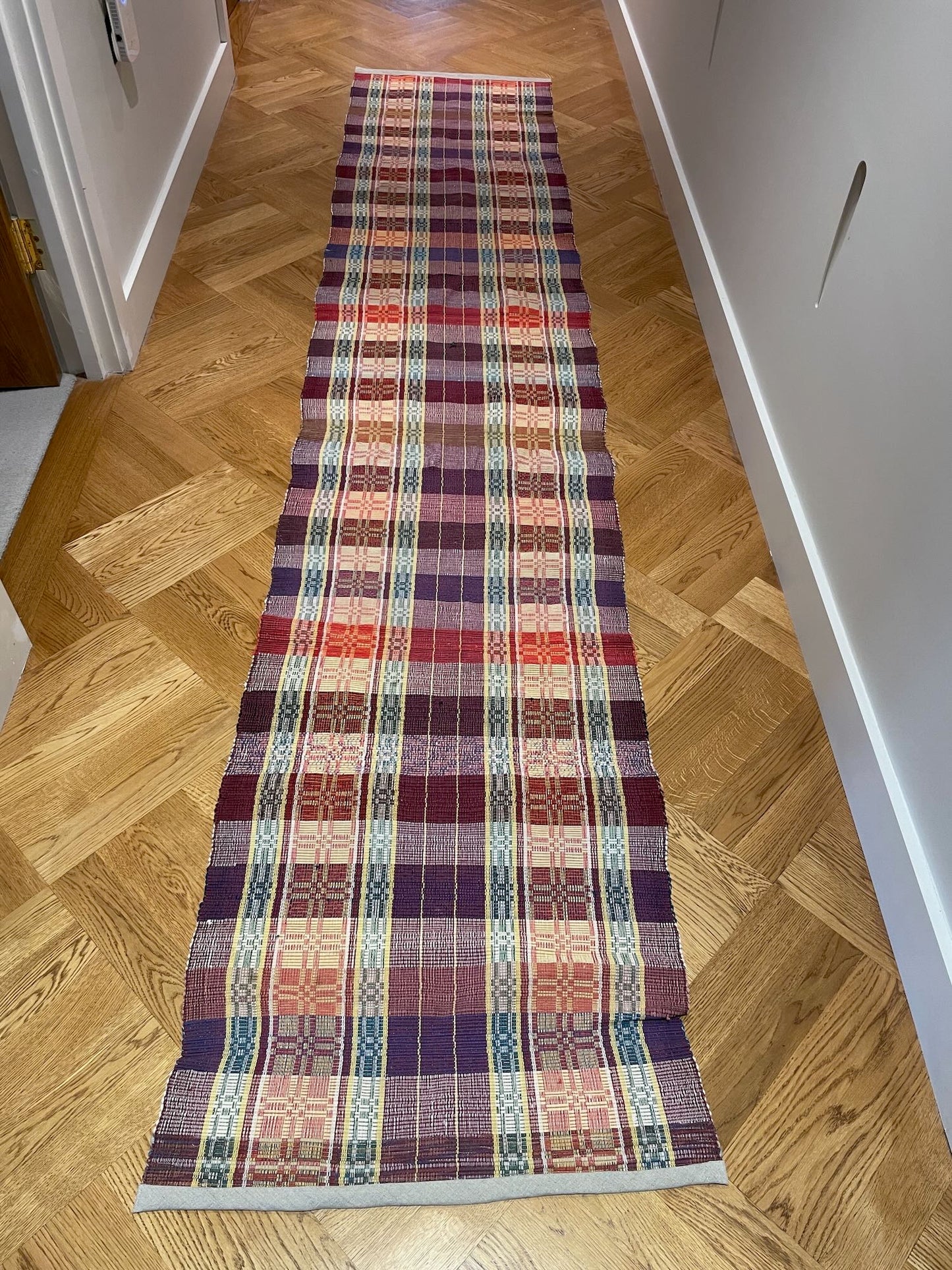 long hall carpet trasmatta floor runner rips rug geometric pattern red yellow blue washable vintage