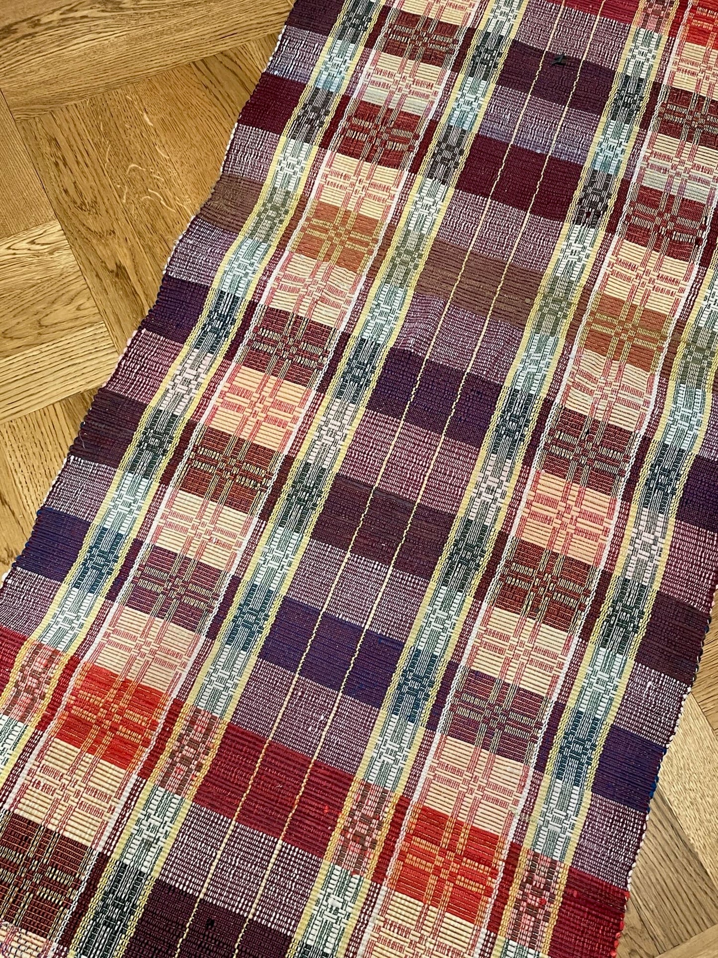 long hall carpet trasmatta floor runner rips rug geometric pattern red yellow blue washable vintage