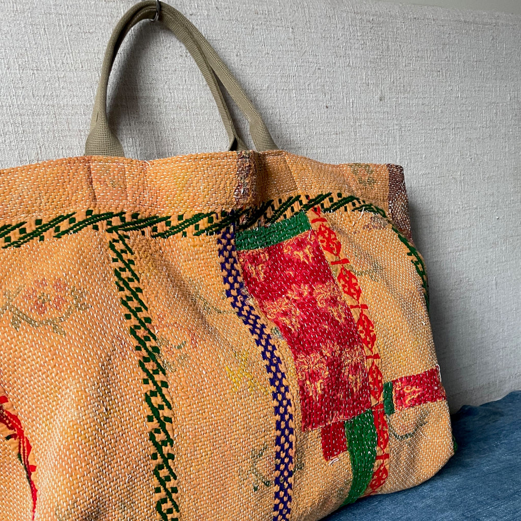 orange pink kantha overnight bag large tote week end shopper cotton bag hand made Uk