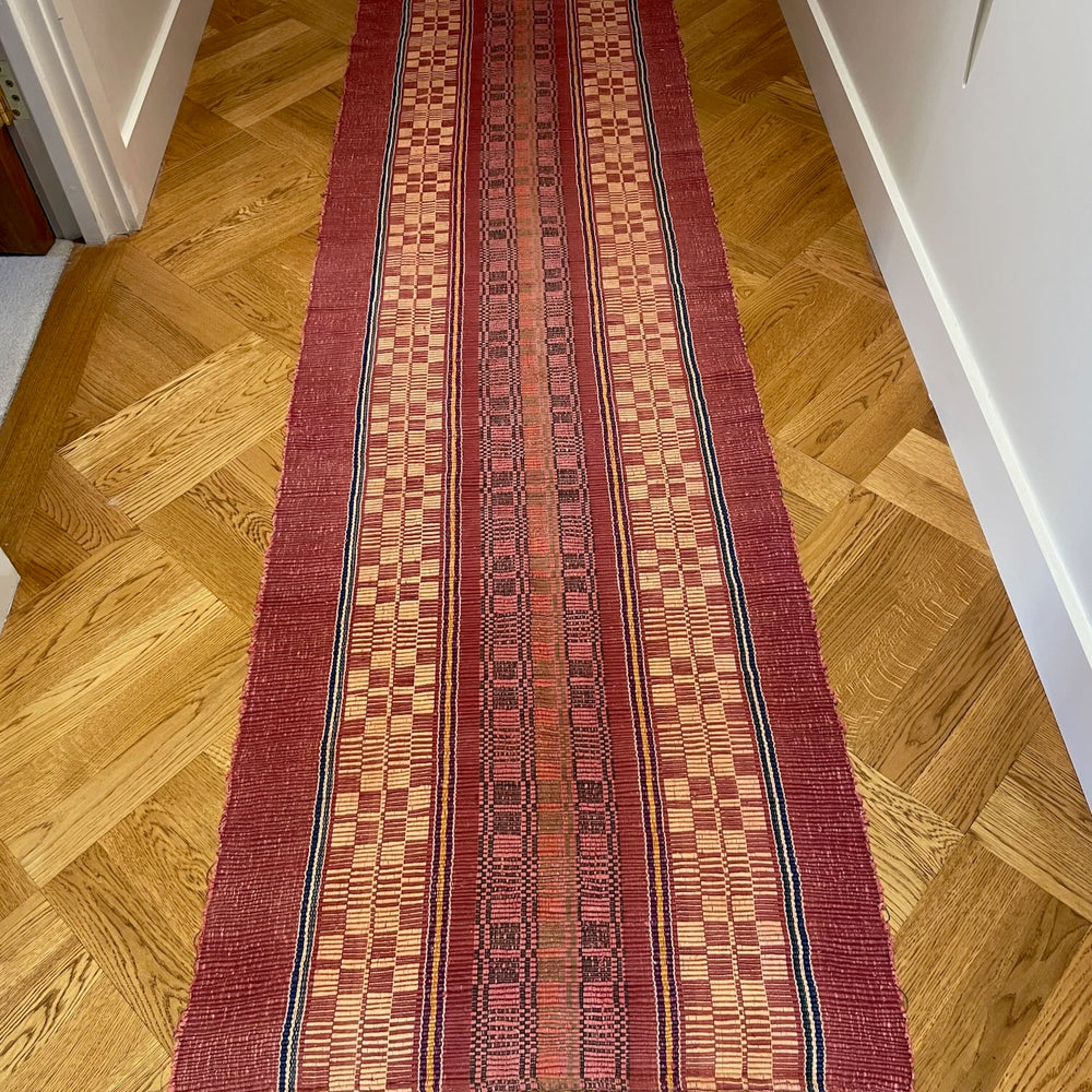 long floor runner trasmatta deep red pink yellow geometric pattern vintage machine washable