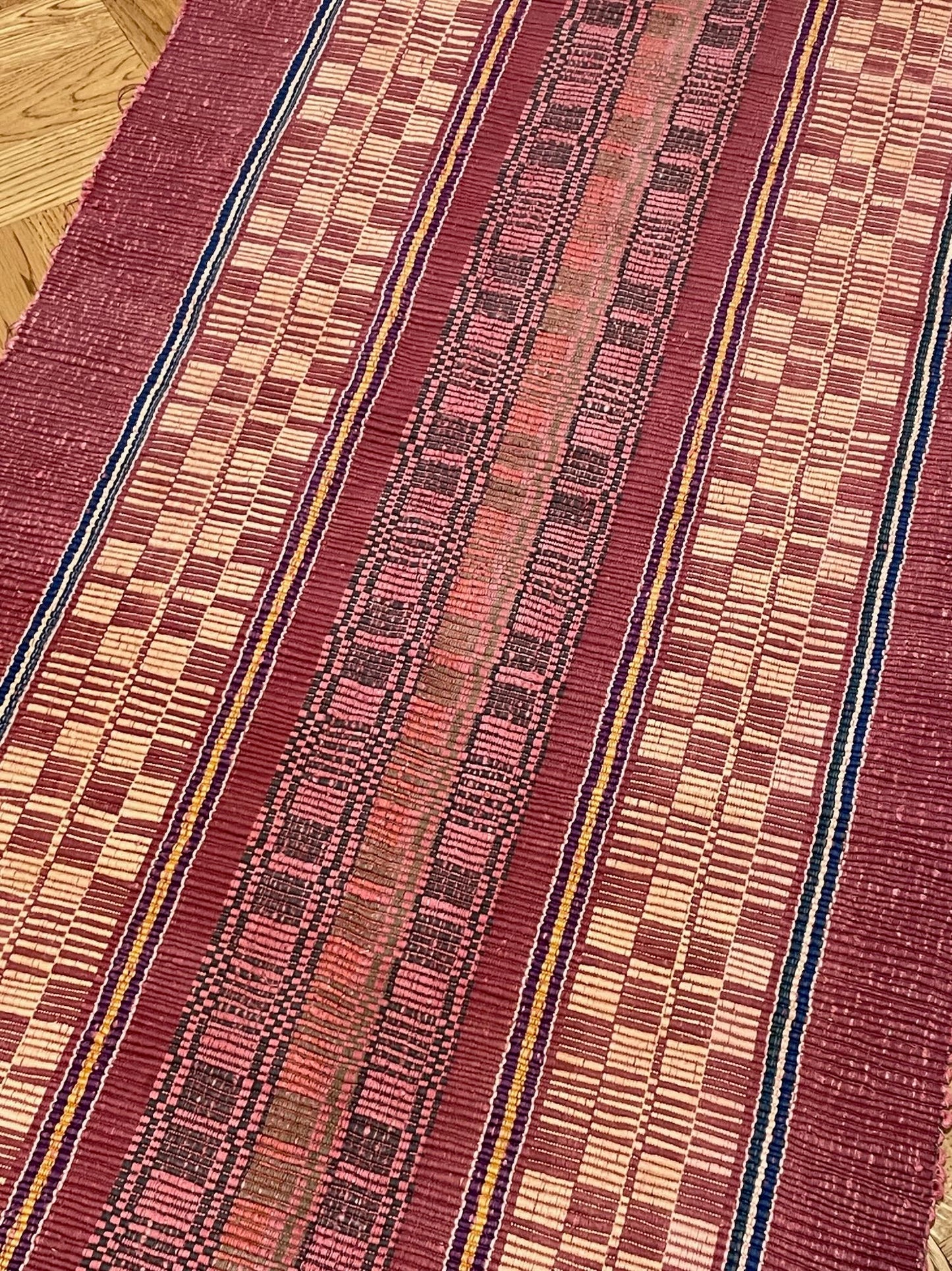 long floor runner trasmatta deep red pink yellow geometric pattern vintage machine washable