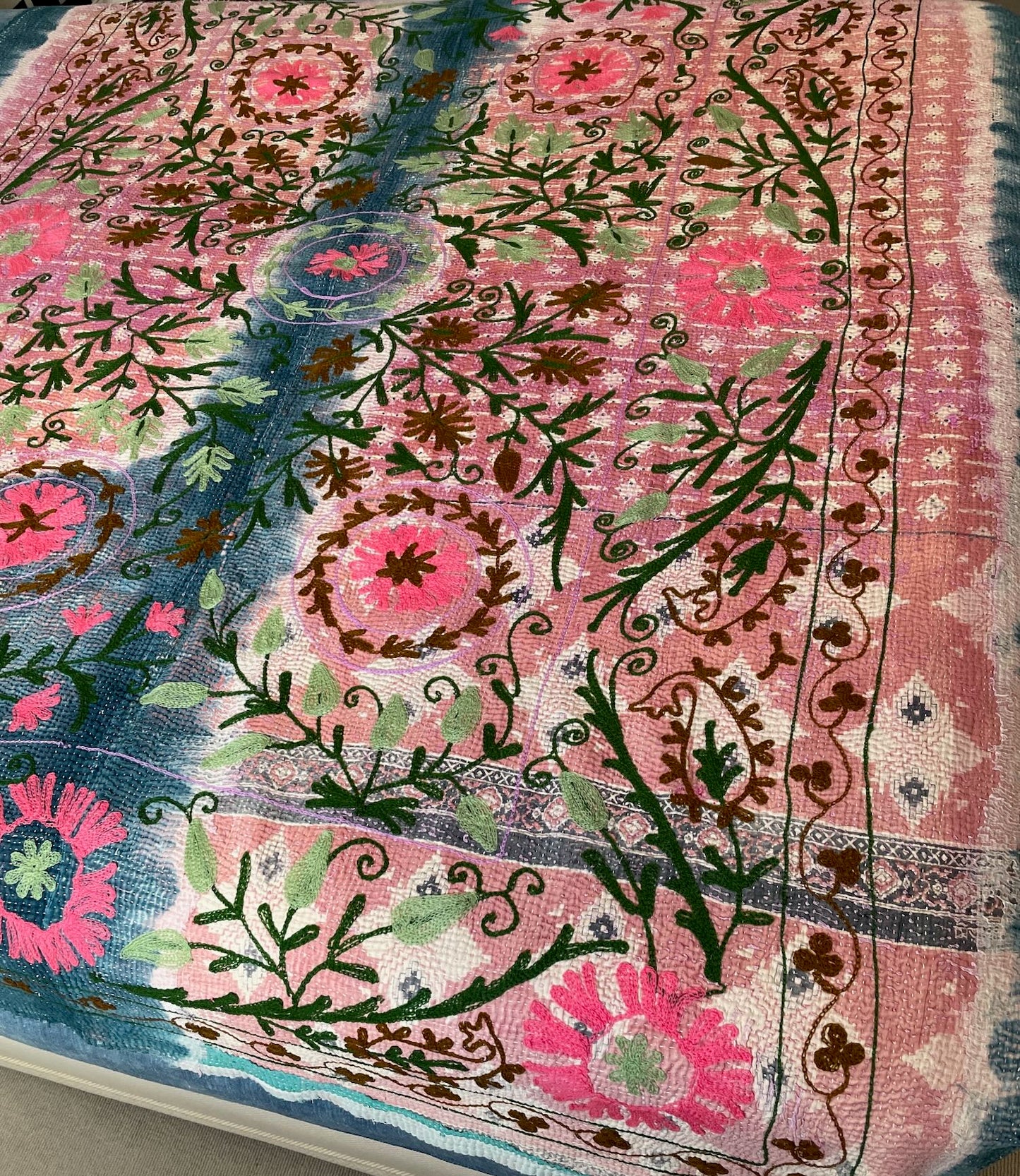 blue pink colourful kantha quilt throw sofa comforter hand made suzani cotton washable