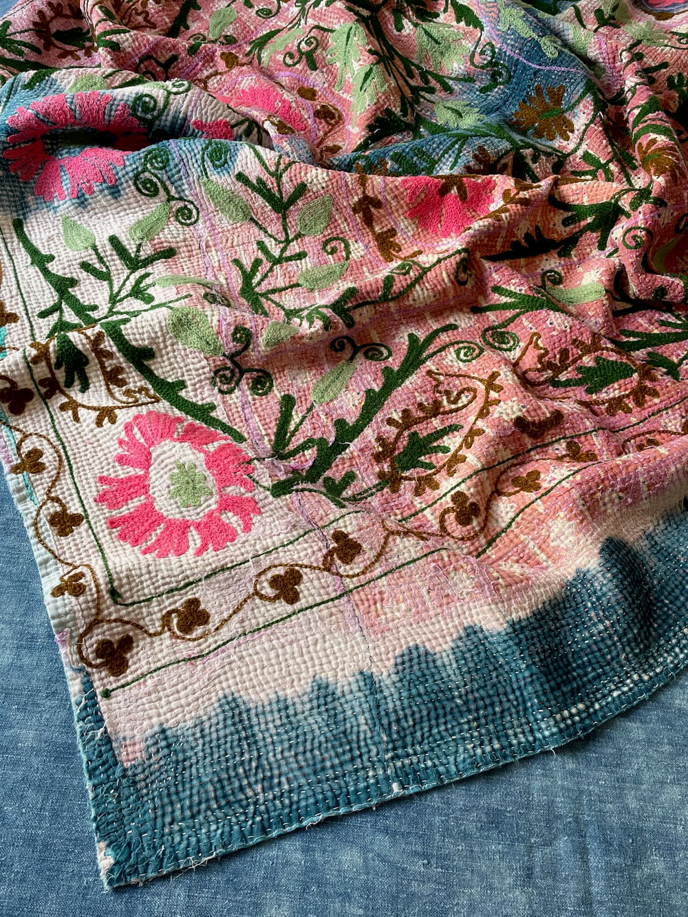 blue pink colourful kantha quilt throw sofa comforter hand made suzani cotton washable