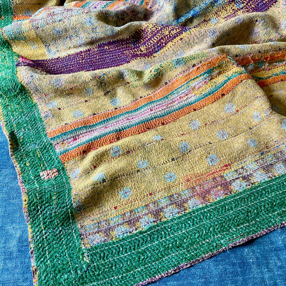 large kantha throw quilt sofa throw blanket bedcover comforter yellow green pink washable