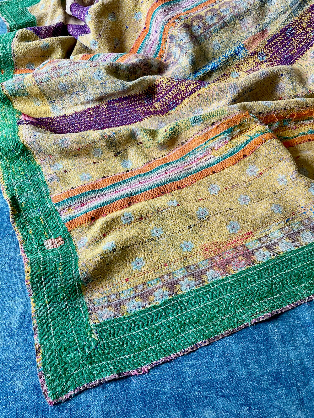 large kantha throw quilt sofa throw blanket bedcover comforter yellow green pink washable