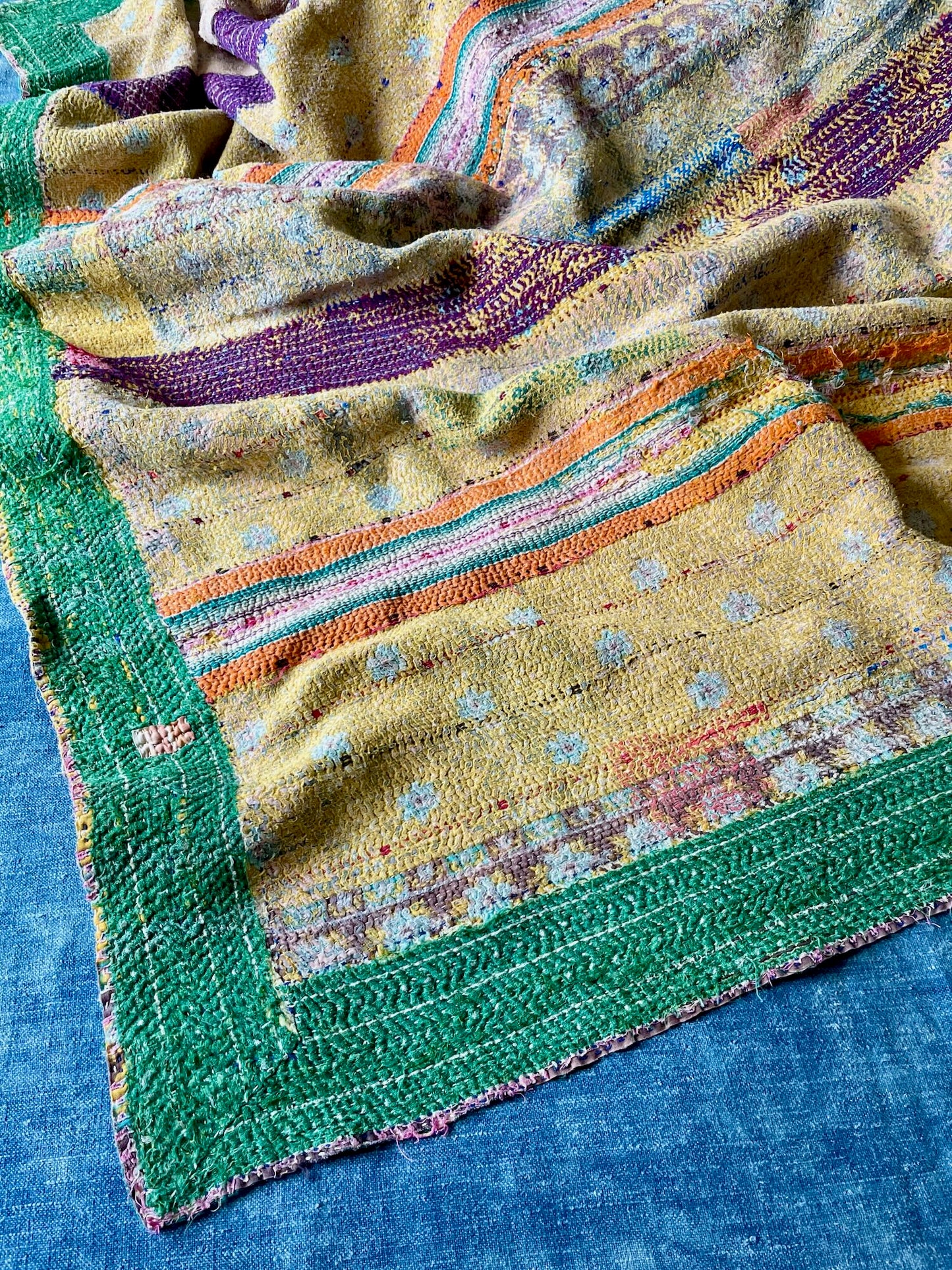 large kantha throw quilt sofa throw blanket bedcover comforter yellow green pink washable