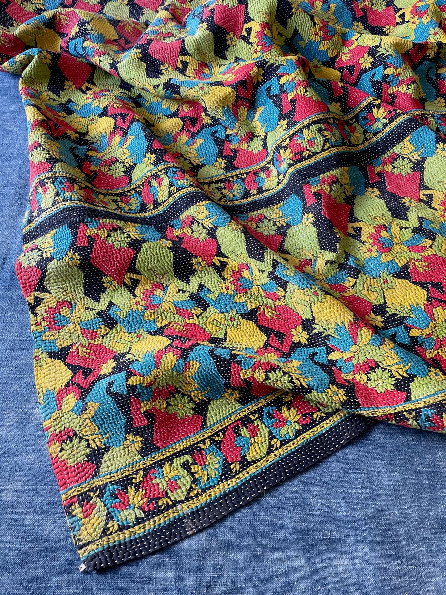 bright kantha quilt vintage throw sofa bedcover cotton comforter red yellow green washable