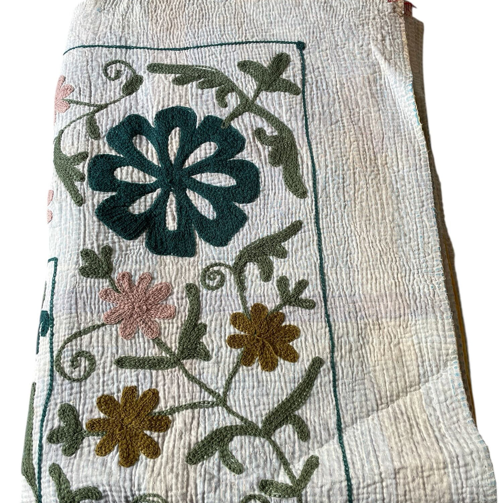 
                  
                    white blue pink suzani quilt kantha bedspread sofa throw cotton comforter embroidered washable
                  
                