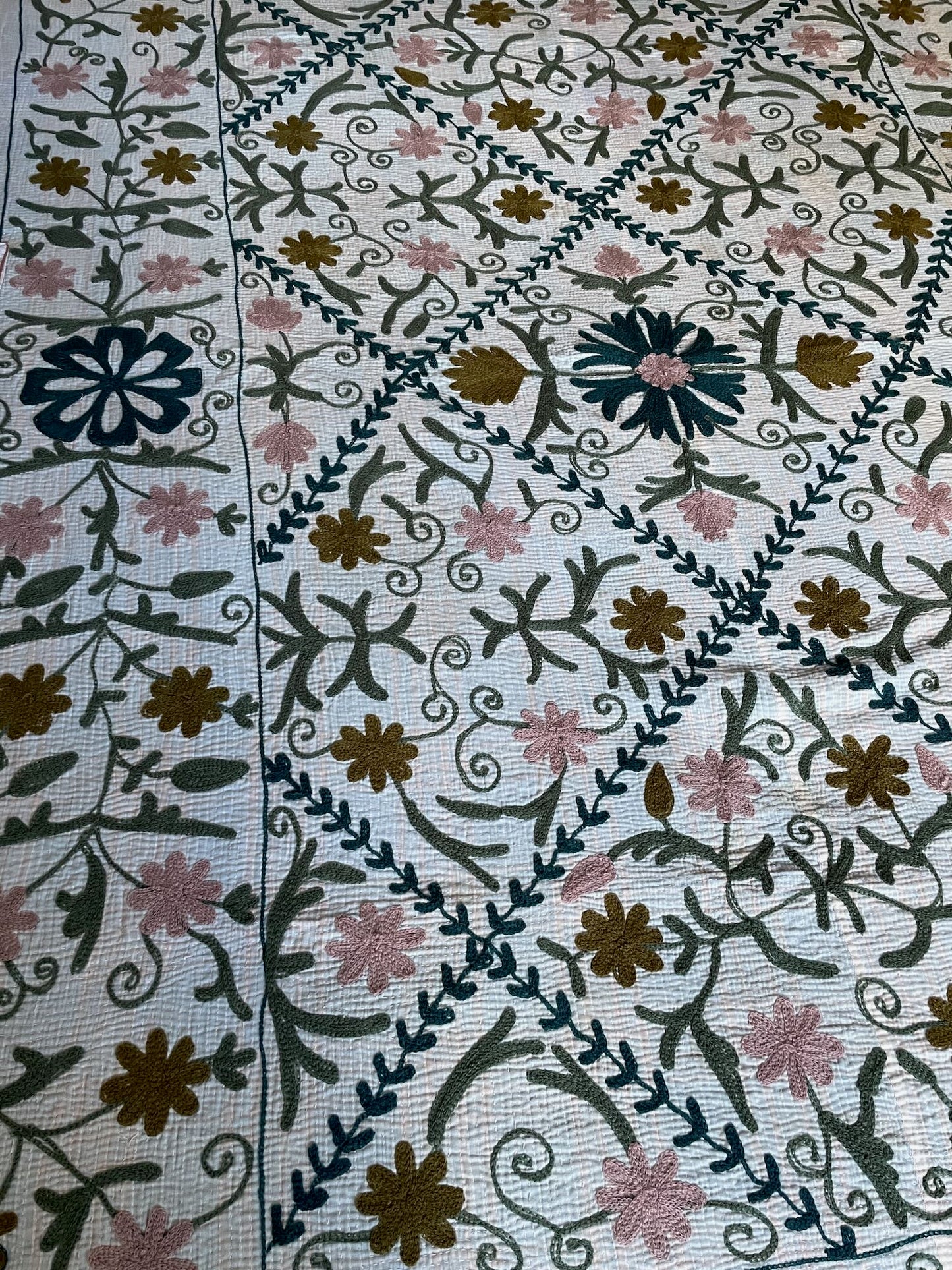white blue pink suzani quilt kantha bedspread sofa throw cotton comforter embroidered washable