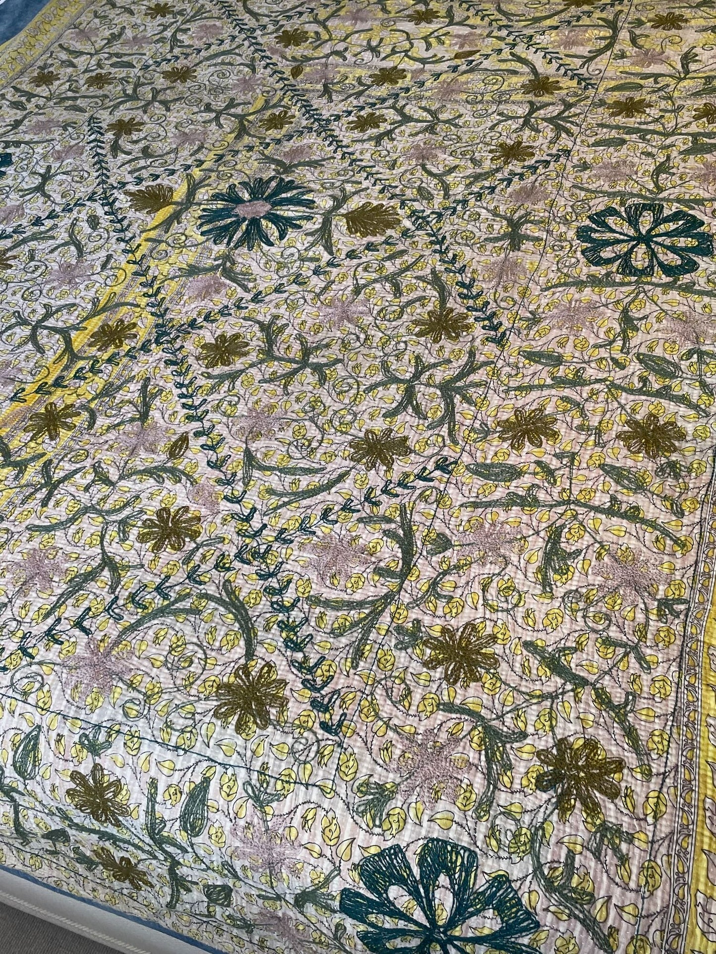 
                  
                    white blue pink suzani quilt kantha bedspread sofa throw cotton comforter embroidered washable
                  
                