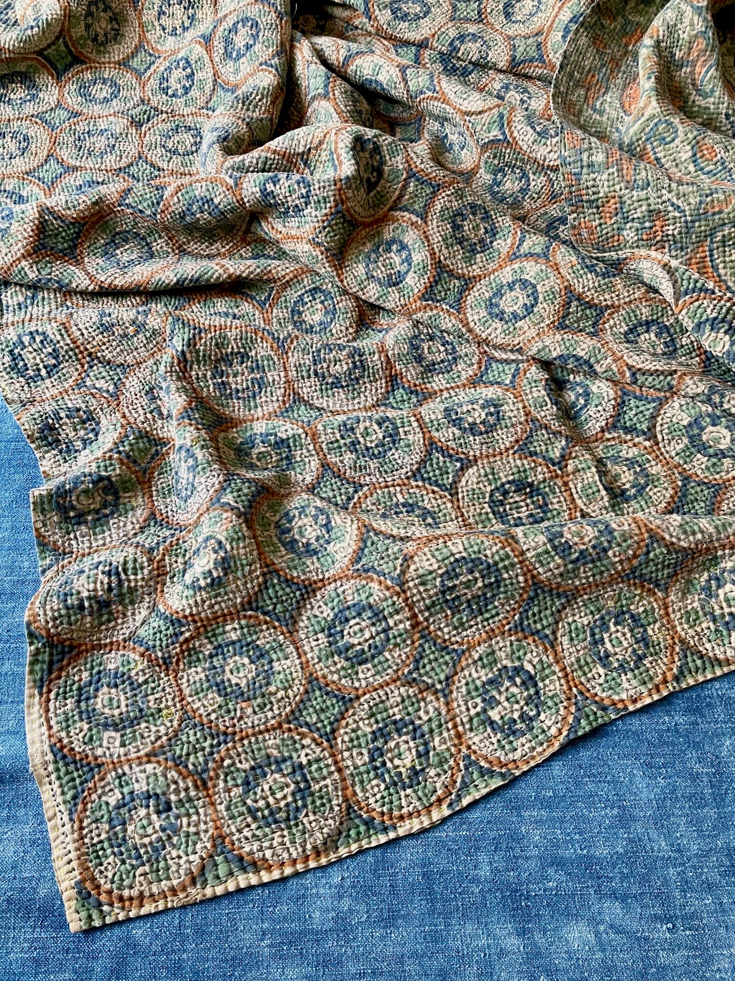 green blue autumn colour soft cotton kantha quilt sofa throw bedcover single washable pretty