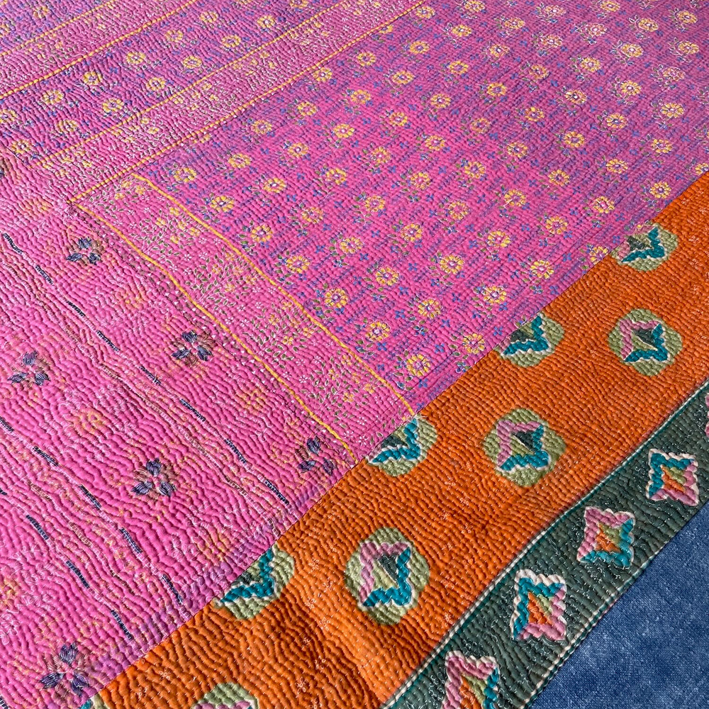 bright pink orange green kantha quilt sofa throw bedcover cotton comforter machine washable large