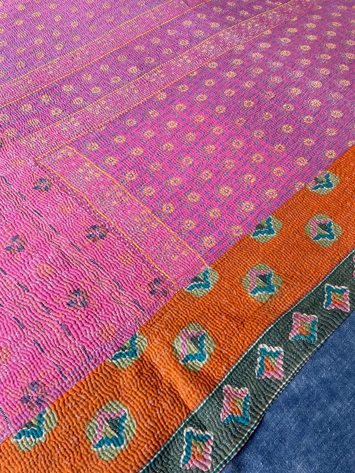 bright pink orange green kantha quilt sofa throw bedcover cotton comforter machine washable large