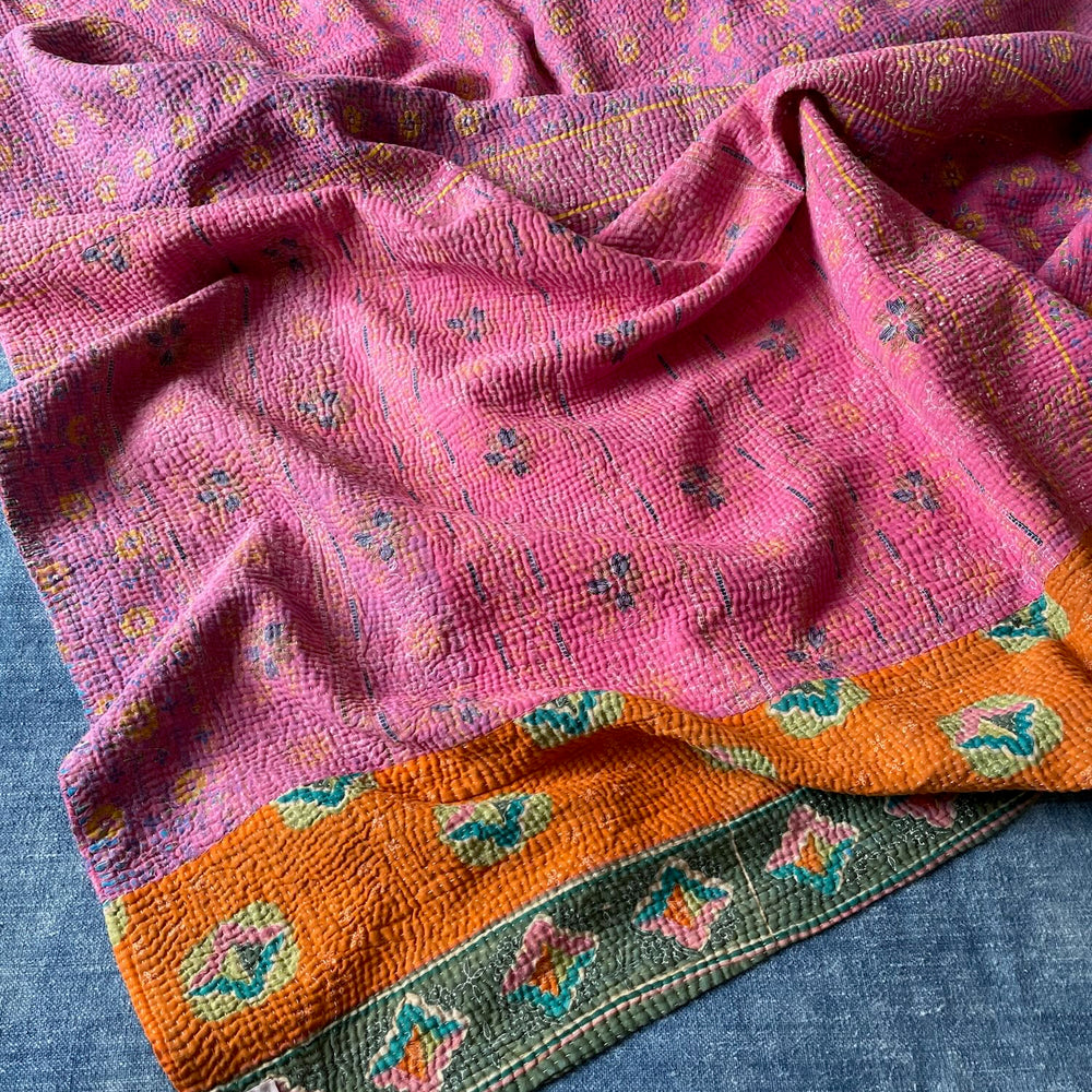 bright pink orange green kantha quilt sofa throw bedcover cotton comforter machine washable large
