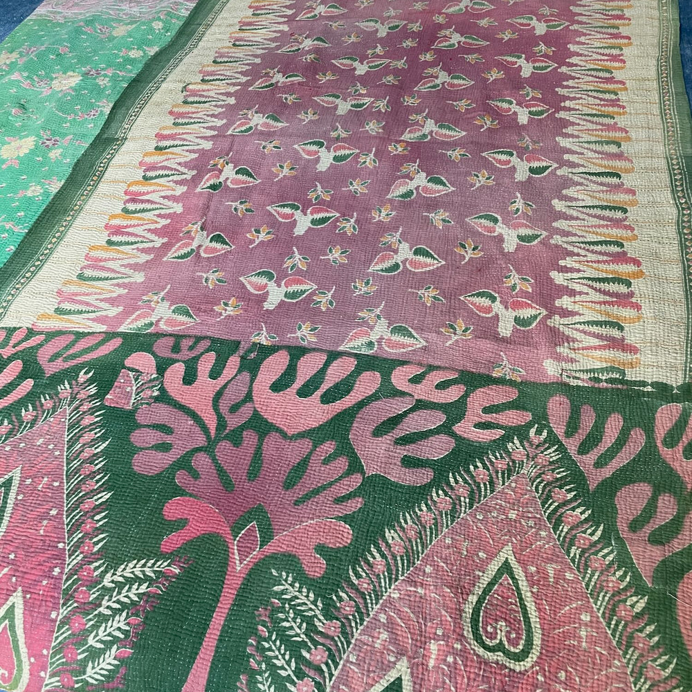 pink green cotton quilt kantha bedspread bedcover sofa throw blanket pretty single washable
